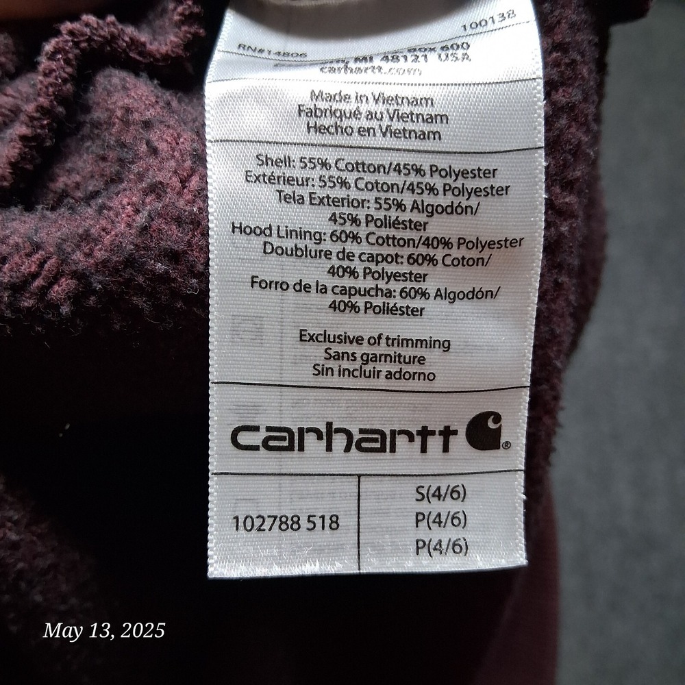 * Carhartt Full Zip Hoodie Women Size Small 4/6 Maroon‎ Relaxed Mid Weight - Picture 7 of 8